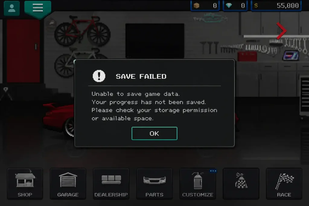 Pixel Car Racer Mod APK Save Falied Error